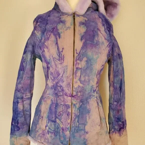 Suede leather tie dye jacket shearling boho Coat gray white pink purple blue med